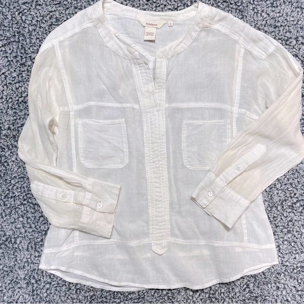Sundance Solid White Cotton Long Sleeve Paneled Top Size Small